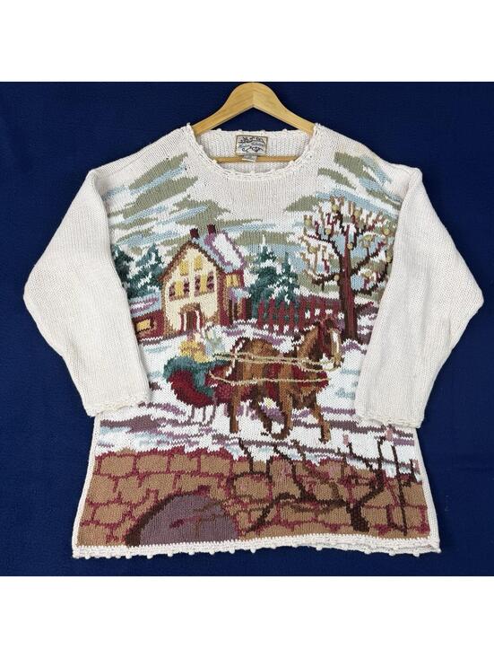 Heirloom Collectibles Sweaters - Vintage Heirloom Collectibles Horse Scene Village Knit Sweater Cottagecore Sz M